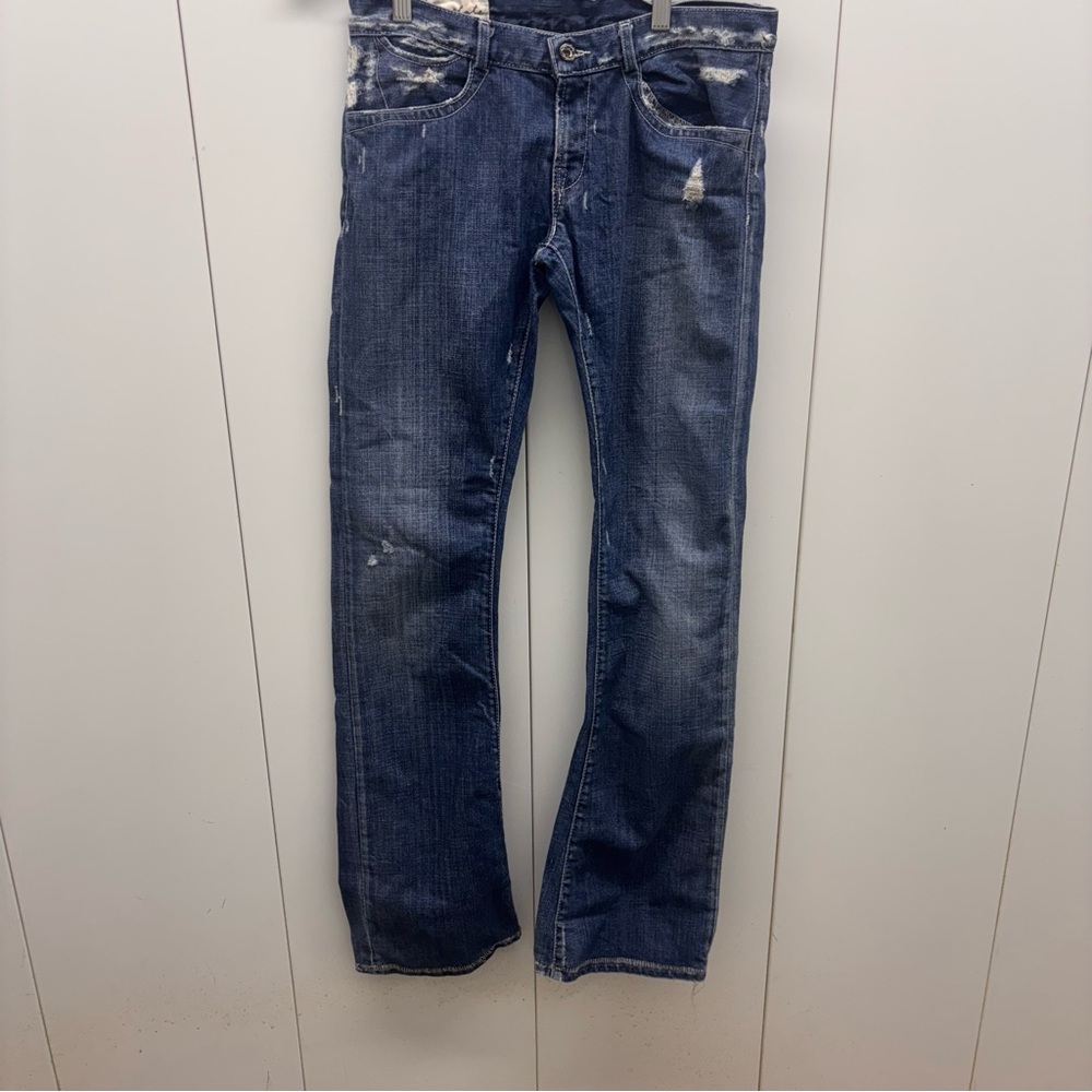 Loomstate Womens 27  Blue Y2K organic cotton low rise distressed Bootcut jeans